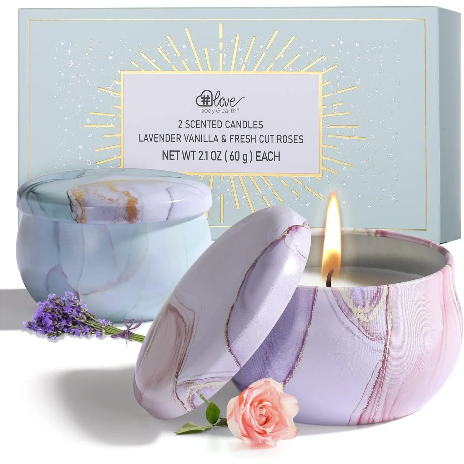 Premium Soy Wax Candles 2 Pack Gift Set With Lavender Vanilla Rose Fragrances Reusable Portable Tin Jars Ideal For Home Decor Travel Spa Yoga Boost Your Mood And Create A Cozy Warm Atmosphere