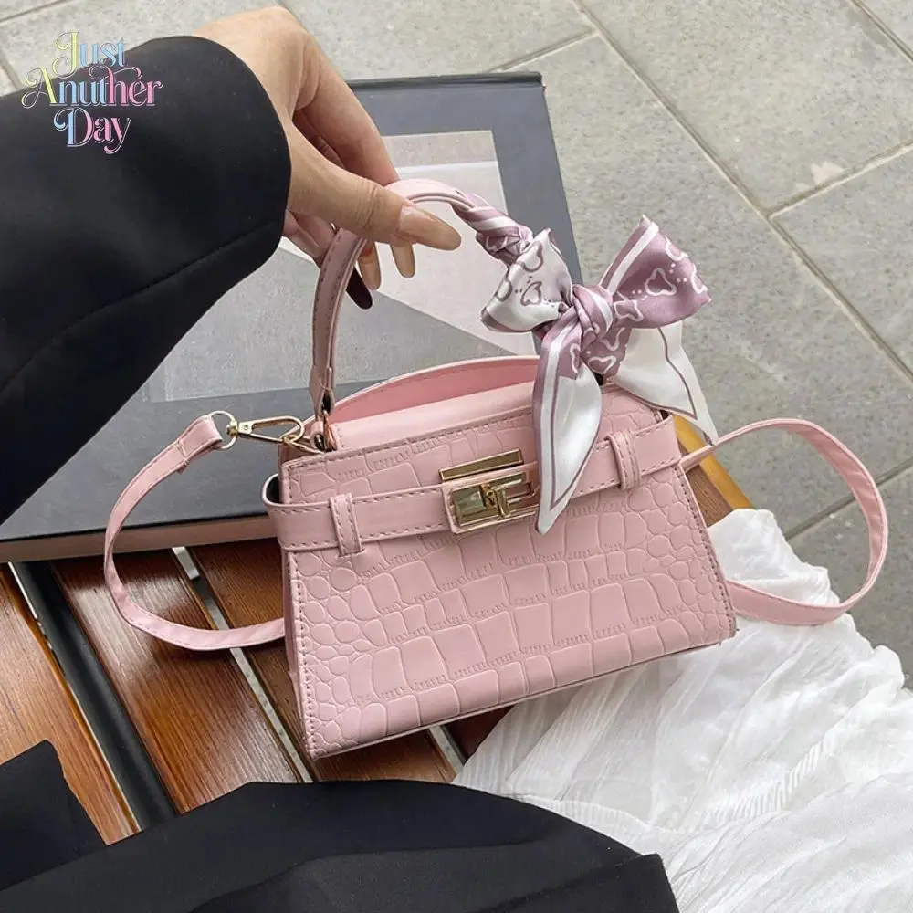 Pink Croc Embossed Mini Kelly Crossbody Bag French Chic Satchel with Twilly Scarf Compact Daily Commute Handbag, Purses, Peppy, Glamorous, Anniversary, Romantic, Crossbody Handbags, Elegant Bag