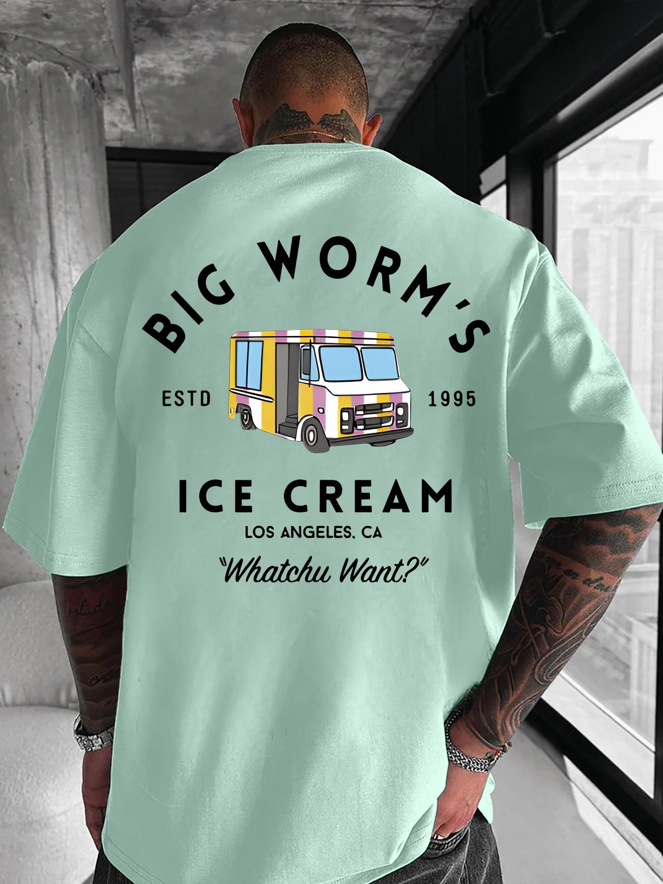 Men's Cartoon Ice Cream Truck & Letter Print Round Neck Tee, Loose Street Fashion Casual Short Sleeve T-shirt for Daily Wear, Men's Clothes for All Seasons, Casual Fit Streetwear