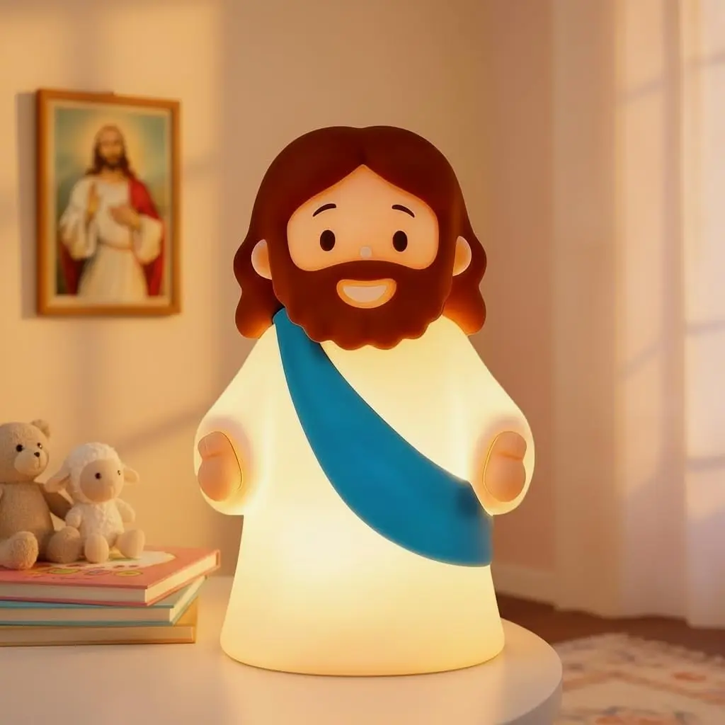 Mini Silicone Jesus Night Light, Dimmable Rechargeable Touch Bedside Lamp for Nursery & Kids, Ideal Religious Gift for Christmas, Easter and Baptism (Blue)