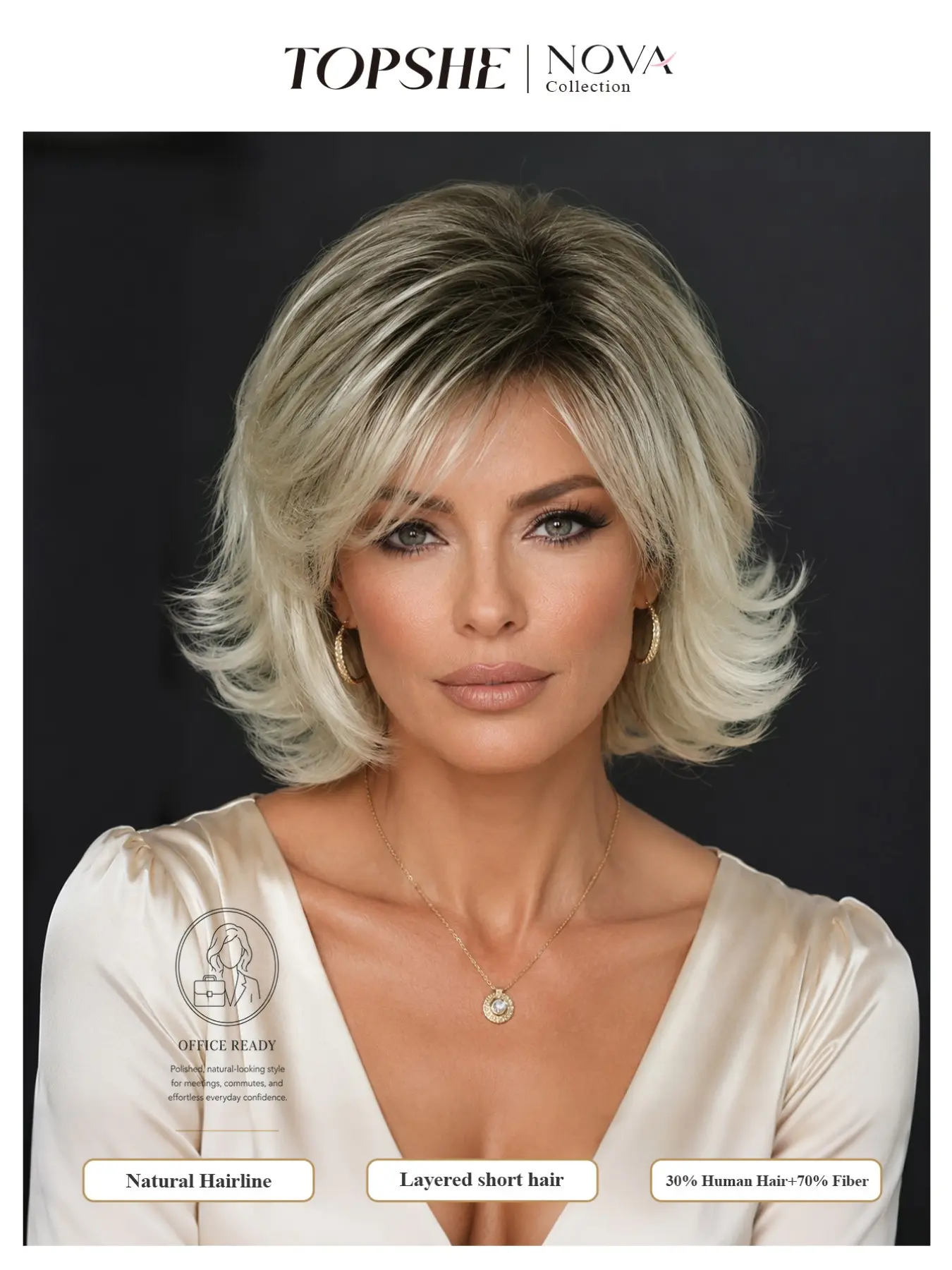 TOPSHE 1pc 10 Inch Cream Blonde Bob Wig with Bangs for Women Short Layered Wavy Bob Wig Glueless Natural Looking Human Hair Blend Heat Resistant Daily Office Party Wig