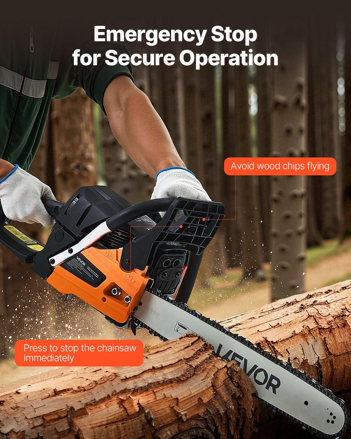 VEVOR 62 cc Gas Chainsaw, 20 inch Gas Powered Chainsaw, 3.8 HP Power Chain Saw with Non-Slip Handle, Gas-Powered Chainsaws with Dual Fuel Tanks, For Wood Cutting, Tree Trimming, and Land Clearing