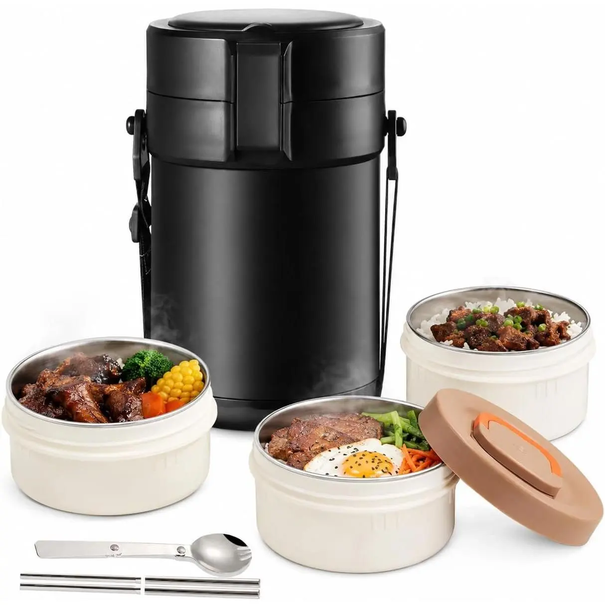 Large 82oz Insulated Lunch Container for Work - 3 Tier Stainless Steel Hot  Jar,Leakproof Thermal   for Construction Workers,  Drivers, Outdoor Job, Meal Prep & Travel (BLACK)