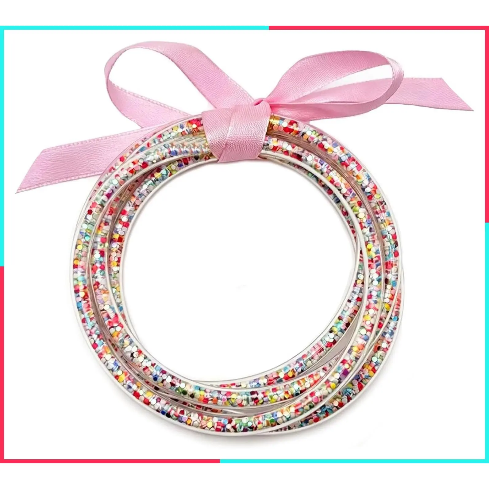 5PCS Glitter Jelly Bangles Stackable Silicone Tube Bracelets with Ribbon Bow Waterproof for Women