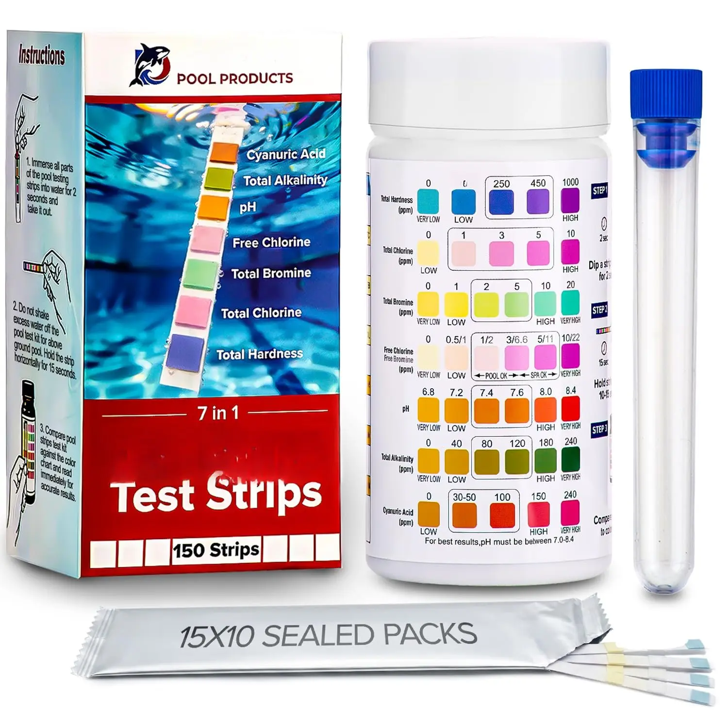 150  Test Strips for Inground  & Above Ground  // 7-in-1 Accurate  Water Test Strips // Full   Test Kit: Chlorine, pH Strips & 5  //  Strips Ideal for Hot Tub &
