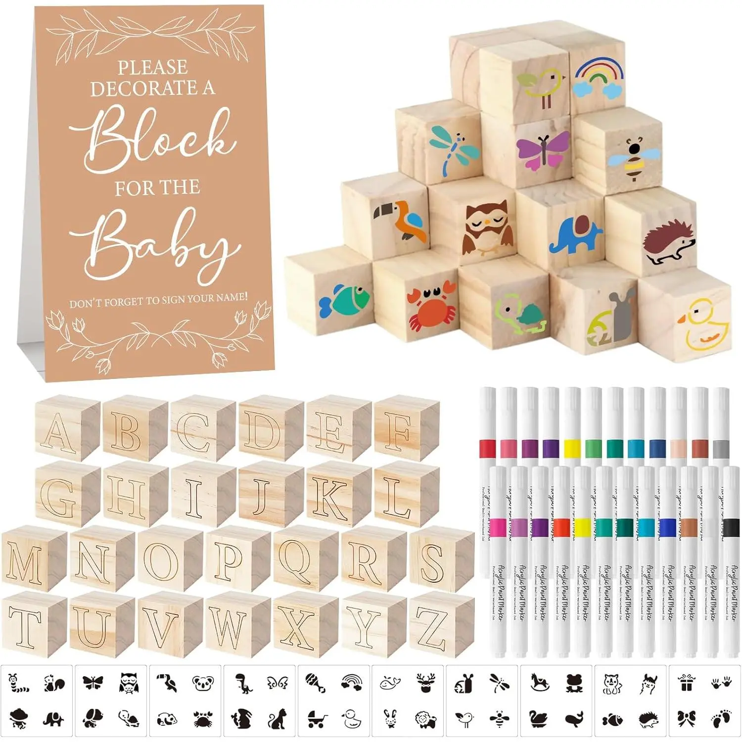 117 Pcs Baby Shower Blocks to Decorate Game Kit Includes 52 Wooden Blocks 24 Markers 1 Game Sign 40 Templates to Paint (Kraft)