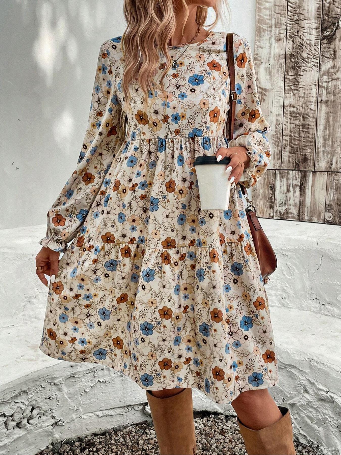 Women's Floral Print Tie Neck Flounce Ruffled Sleeve Woven Dress, Elegant Fashion Casual Dress for Daily Outdoor Wear, Women Dress for Spring Fall