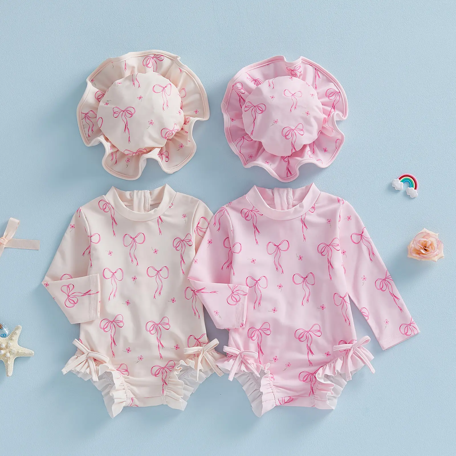 Infant Baby Girls Swimsuit Drawstring Zip Bathing Suit Long Sleeve Bow Print Rash Guard Swimwear with Hat Set for Pool Beach