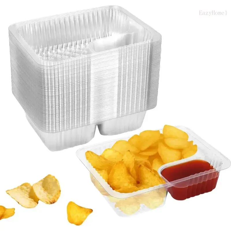 100 count 12oz 6.5''x5'' Plastic Nacho Trays, Small Disposable Tray for Nachos & Cheese Dip, Clear Nacho Containers for Chip, 2 Compartment Movie Night Snack Trays  for Snacks