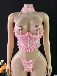 Women's Sexy Lingerie Set, Lace Trim Vacuum Transparent Design, Underwire Full Coverage, 5-Piece Suite for Parties, Gifts, Sleepwear