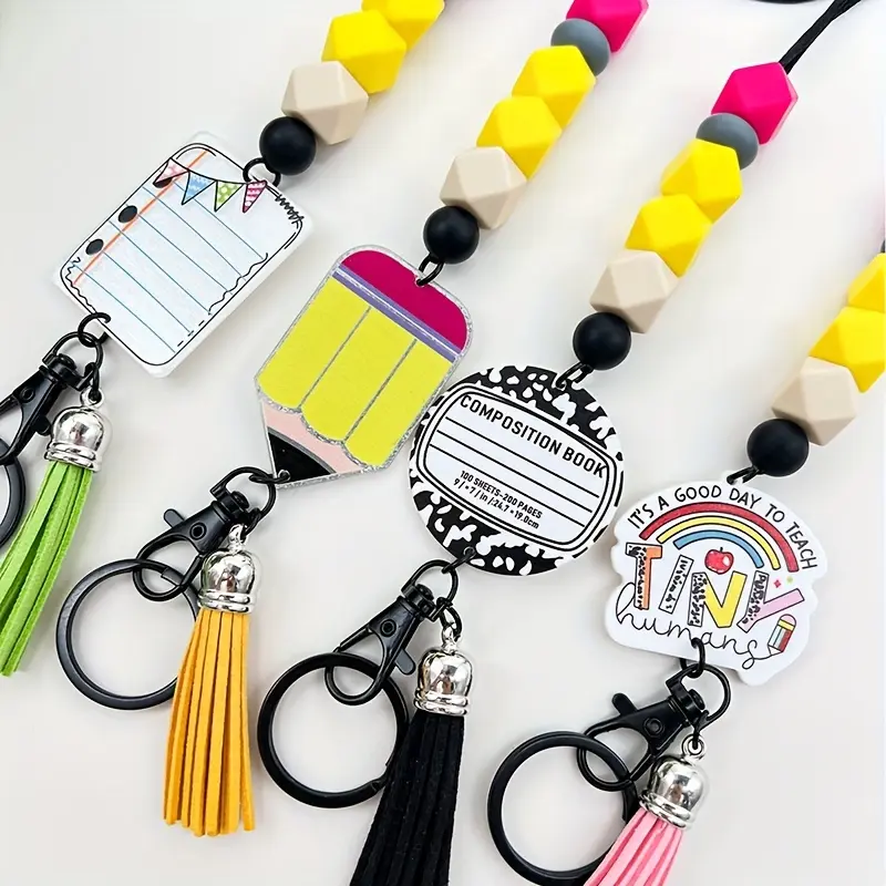 Teacher's ID Lanyard with Beads, Silica Gel-Acrylic ID Badge Holder Keychain, Attached Pen Charm & Tassel, Back-to-School Student Gift