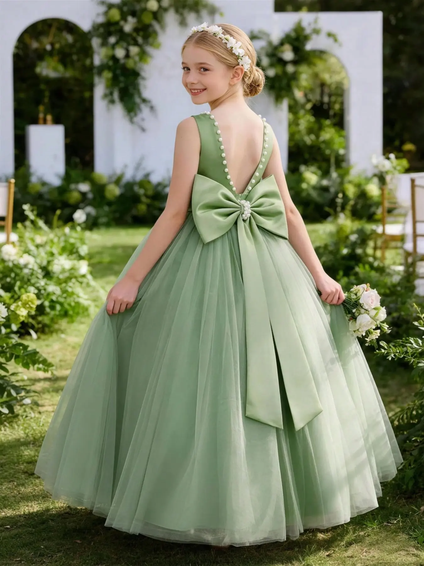 Tween Girl Elegant Mesh Sleeveless Dress with Bow and Pearl, Pretty Brayah Birthday Dress, Flower Child Gown, Princess Skirt for Teen Girls, Wedding Party, Birthday, Dance Event