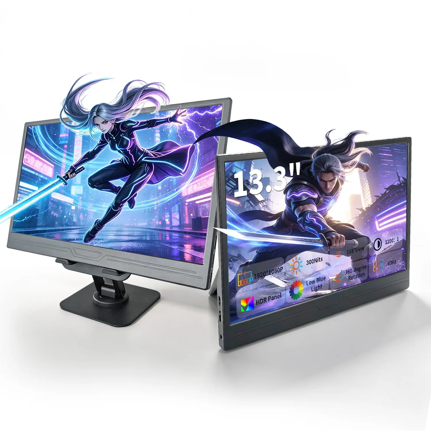 VEOUT 13.3‘ 1080P Portable Monitor, 1920*1080 FHD IPS Display, 60Hz,300Nits Brightness,1200:1 Contrast Ratio,HDR & Low Blue Light,168° Wide Viewing Angle,360° Rotatable Stand,External Screen for Monitoring Office Gaming, Extended Monitor for Laptop