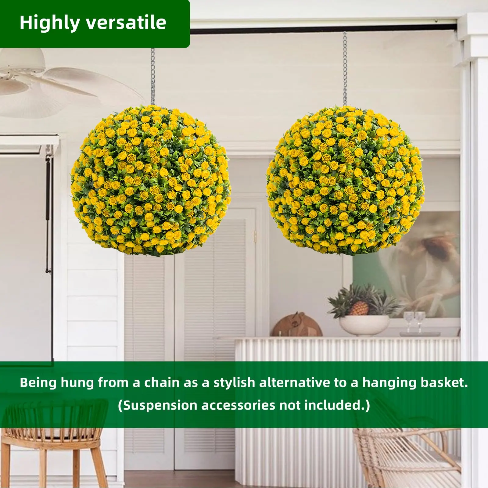 【GARVEE】UV-Resistant Hanging Artificial Topiary Balls – Set of 2 Faux Boxwood Decorative Spheres – With Chains & Zip Ties – Indoor/Outdoor Patio, Garden, Porch, Wedding Decor – Yellow/Red, 15.7–21.6 in