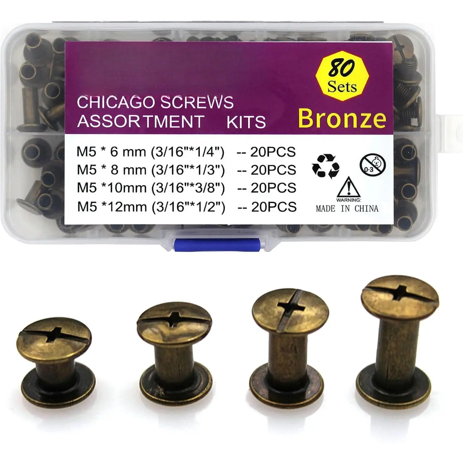 Bronze M5 Chicago Screws  Kit 80 Sets 4 Sizes Leather Rivets 1/4 1/3 3/8 1/2 inches Screw Posts Rivets  Rivet Chicago Buttons for DIY Leather Craft Bookbinding
