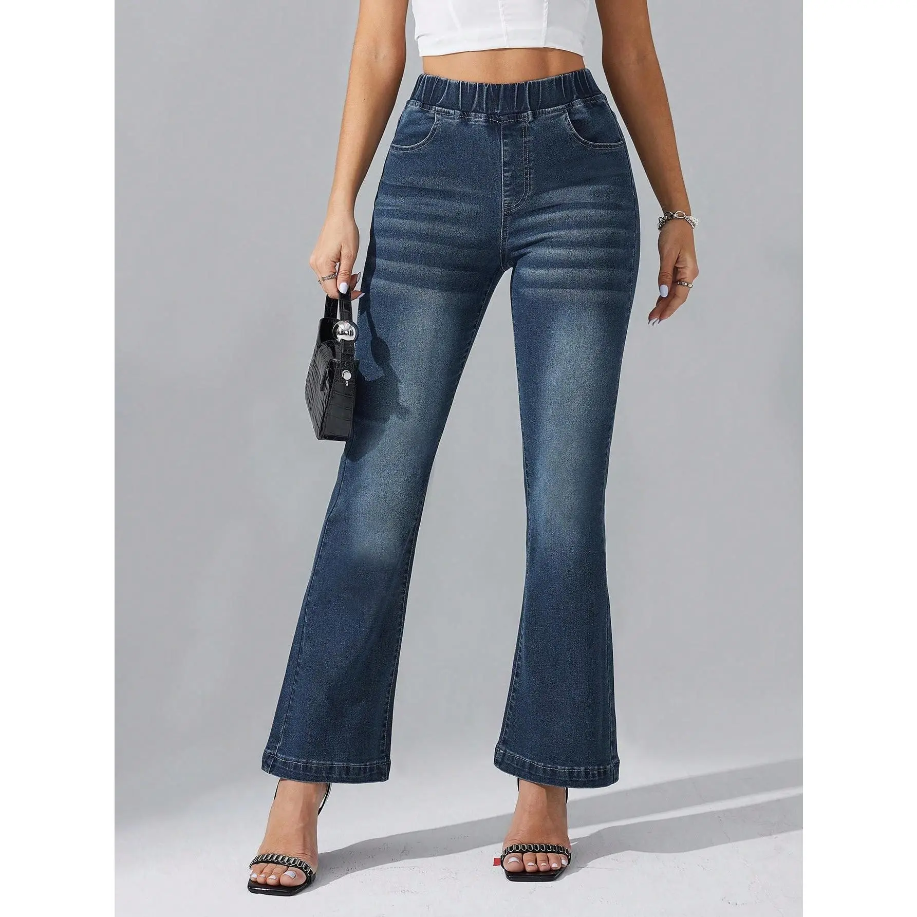 Women's Pull-On High Rise Flared Cut Jeans - Ultra Stretchy Elastic Waistband, Tummy Control, Full Length Multi-Size Bootcut Denim Pants (Dark Wash), Bottoms