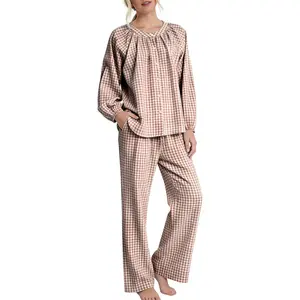 Women's 2 Piece Gingham Pajama Set, Cotton Loungewear with a Puff Long Sleeve Button-Down Shirt and Pants summervibes☀️