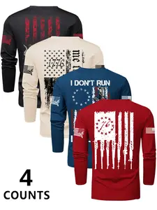 Men's Flag Series Crew Neck Long Sleeve Knit T-Shirt Set, Casual Outdoor Pullover for Spring & Fall, Fitted Letter Pattern Design Knitwear