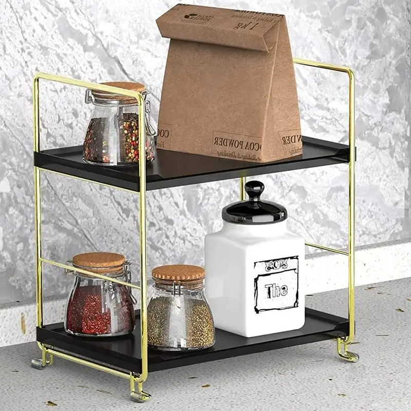 2-Tier Steel-Plastic Square Expandable Kitchen Spice Rack - Freestanding Stackable Home Organizer for Kitchen/Bath, Makeup Storage