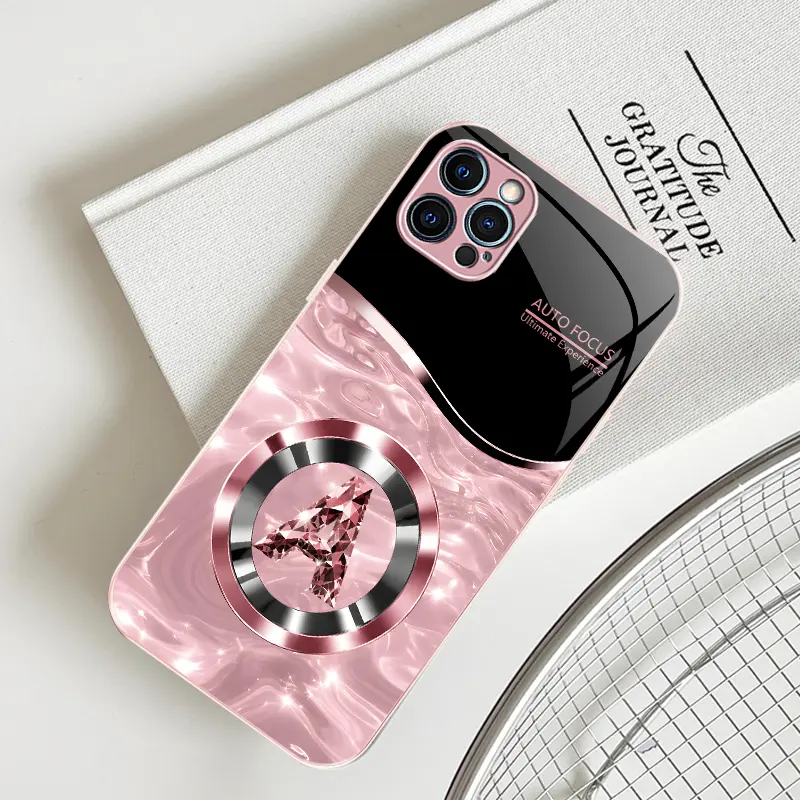 Viral custom initial letter bling rhinestone MagSafe magnetic glass phone case, rose gold water ripple glossy electroplated shockproof girly aesthetic cover compatible with iPhone 12 Pro Max—9435