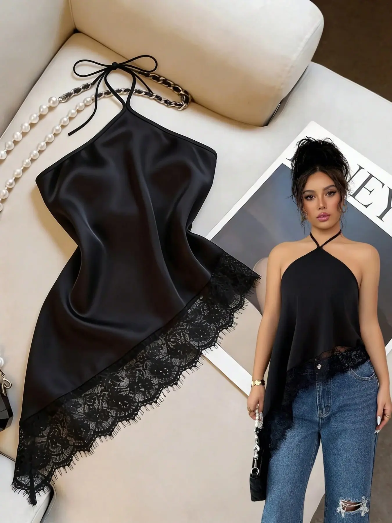 Summer New Women's Strapless Tie Back Vest, Lace Trim Revealing Camisole Top, Sexy Sleeveless Bodycon Dress Shirt, Party, Cocktail, Formal, Business Casual