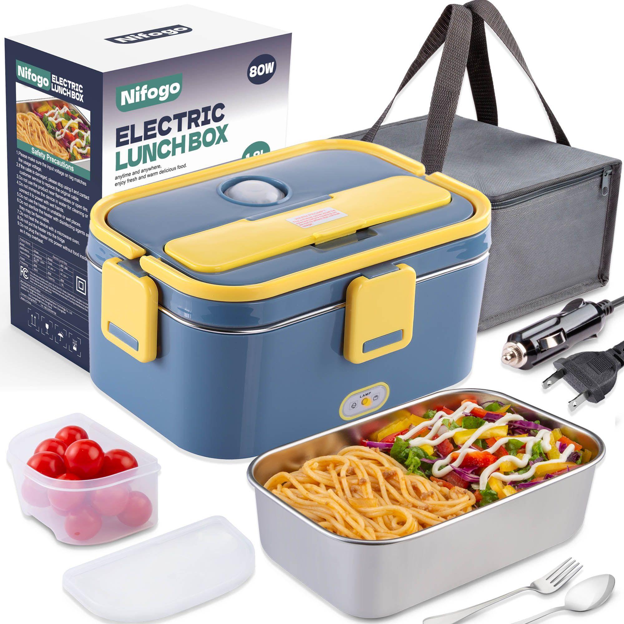 Nifogo Black Friday Electric Lunch Box Portable Food Heater for Adults 110V/12V/24V 1.8L 304 Stainless Steel with Fork Spoon & Bag Tableware Classic Black