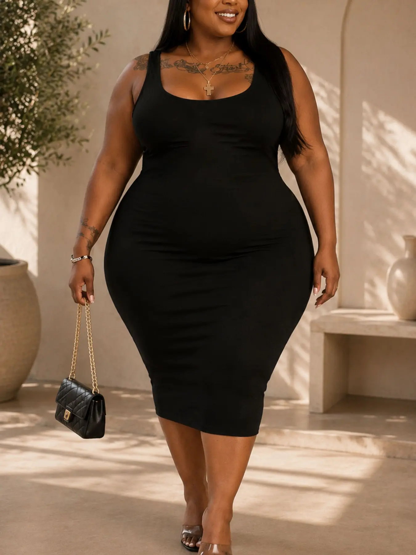 Plus Size Women's Lady Plain Slim Fit Vest Dress, Sleeveless, Summer Simple Minimalist Style, Perfect Fitting Design, Ideal for Daily Wear, Elegant Minimalist Bodycon Cocktail Sundress, Elegant Party Apparel