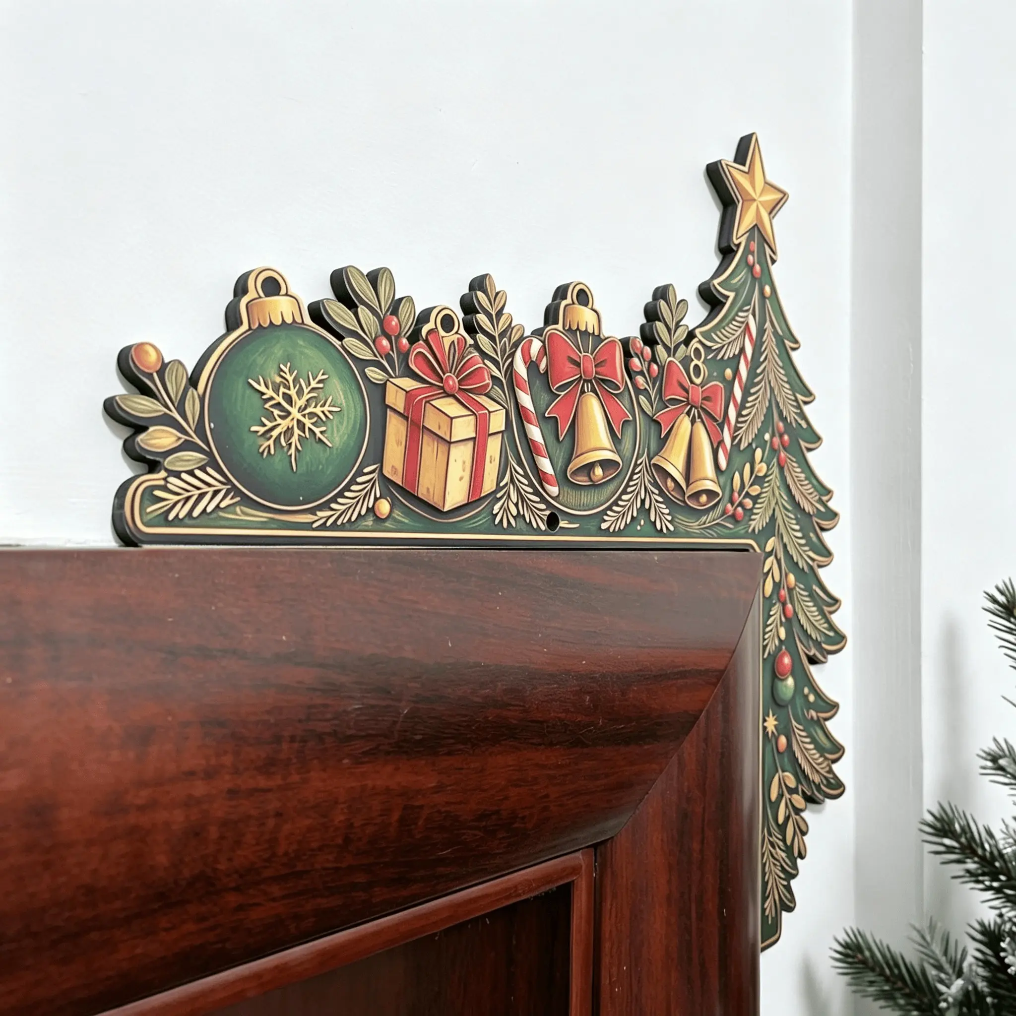 Christmas Tree Wooden Door Frame Corner Sign, Bell Candy Cane Gift Decorative Door Angle Ornament, Holiday Christmas Door Trim, Festive Wall Decoration