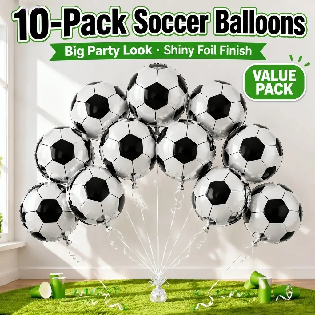 10 Pack Soccer Shiny Foil Balloons, Sport Themed Party Decor, Football Balloons for Game Day, Sports Event Backdrop Decor Supplies, Party Balloons Decorations