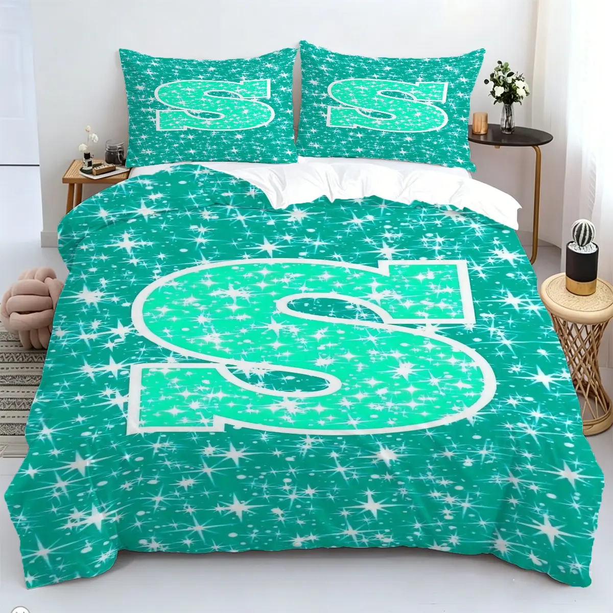 2/3pcs Sparkling Star And Letter "S" Printed Duvet Cover Set, Turquoise Sparkling Star Printed Bedding, Soft And Breathable,For Decorating Girls' Rooms Or Dormitories, Available In Twin, Full,Queen And King Sizes,1 Or 2 Coreless Pillowcases,Zipper Closure