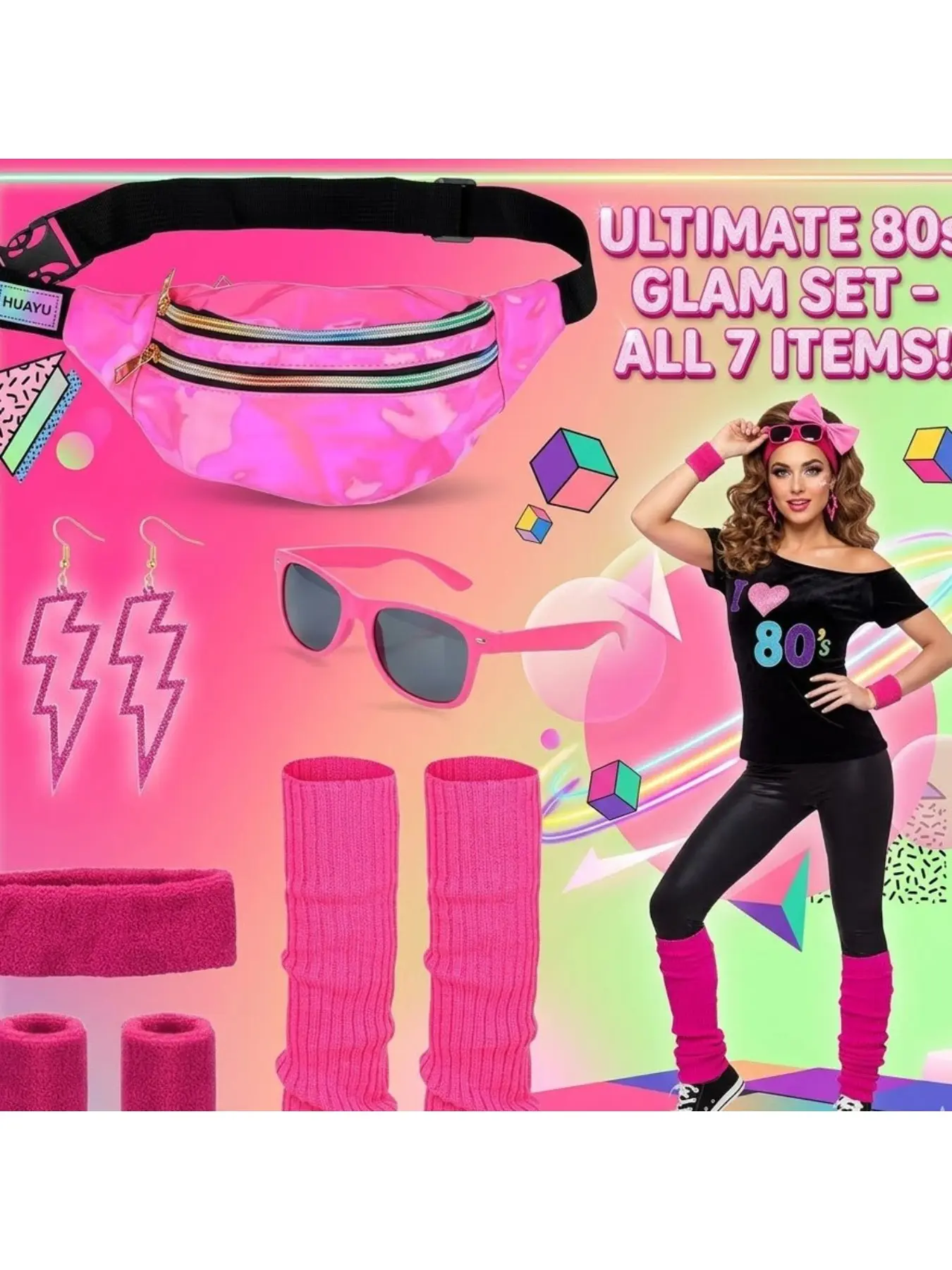Adult 80s Vintage Rock Party Full Accessories, Phosphor Fanny Pack Knitted Hair Band Wrist Guard Stockings Lightning Earrings Prom Cos Set