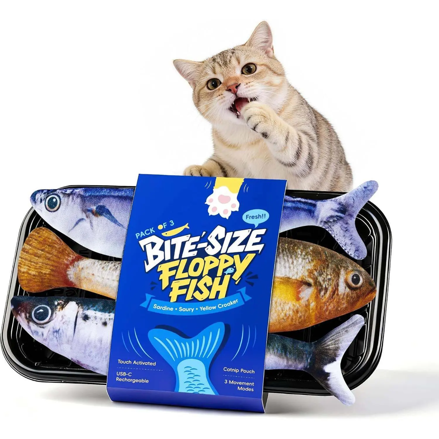 Thanksgiving Plush Cat Interactive Toy 3-Pack, 7.1in Tap-Activated Flopping Fish with Motion Sensor, 3 Flopper Modes (Sardine/Saury/Yellow Croaker), Realistic Look, Chewable Soft Plush for Kitty Play & Exercise