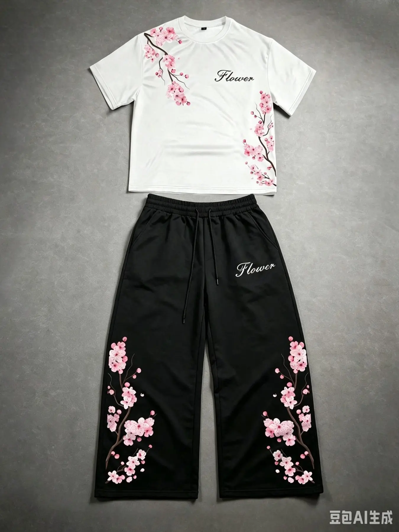 Men Japanese Aesthetic Streetwear Two‑Piece Tracksuit Set, Cherry Blossom Floral Print Cropped Short Sleeve T‑Shirt & Baggy Wide‑Leg Pants, Elastic Waist Drawstring Side Pockets Lightweight Breathable Relaxed Fit Matching Outfit for Spring Summer Daily Ha