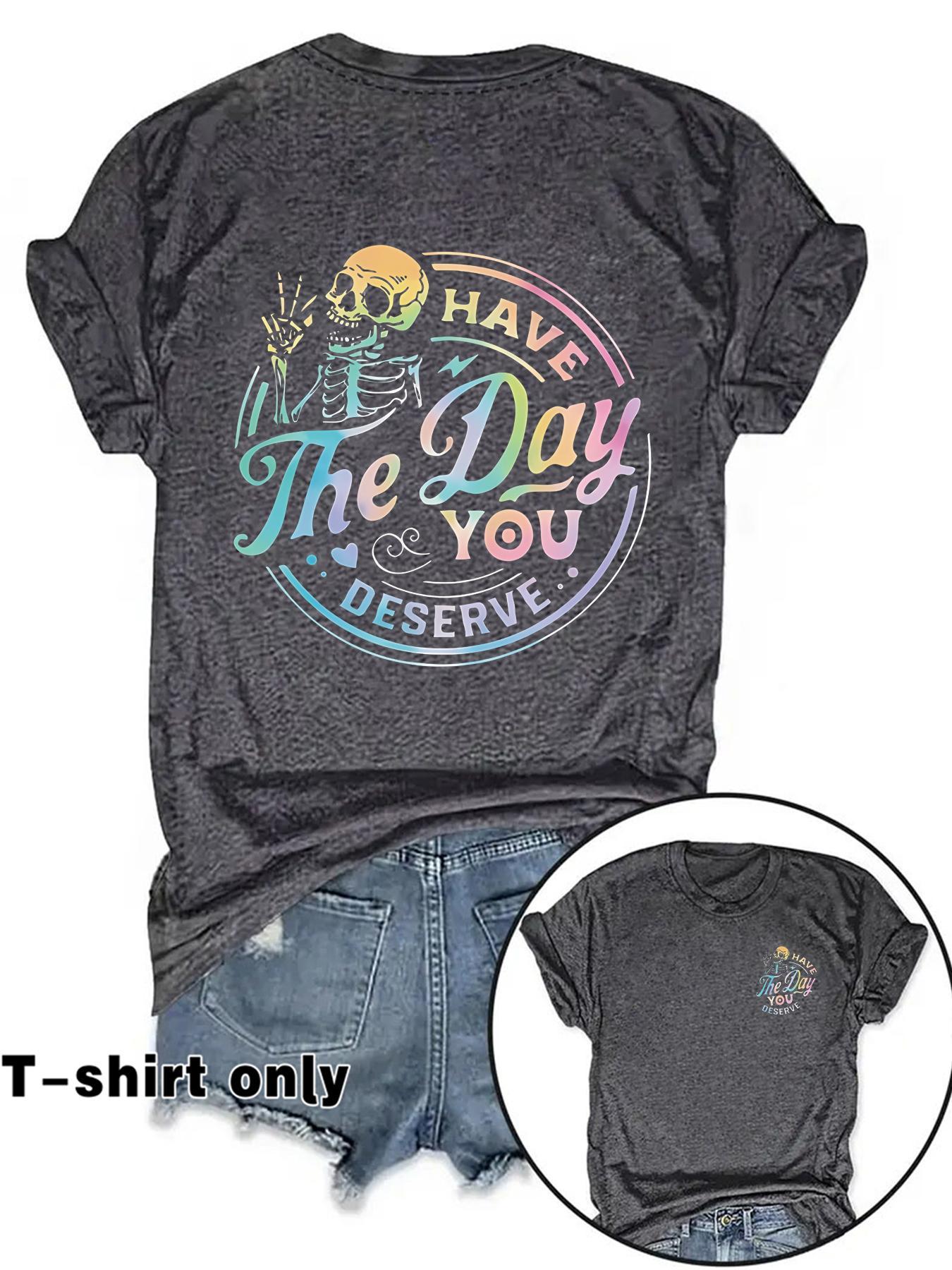 Women's Casual Fitted Graphic Letter Print Round Neck Short Sleeve T-Shirt, Spring Summer Streetwear Fashion Tee, Fun Skull Pattern, Inspirational Gradient Design