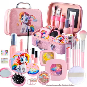 Unicorn Series Makeup Toy Set, Girl's Cute Unicorn Cosmetics Accessories, Powder, Brush, Hair Tie, Lipstick Simulator, Ages 3+, Unisex
