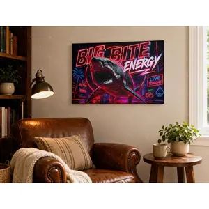 Big Bite Energy Canvas Wall Art, Neon Shark Poster, Retro Casino Style Ocean Artwork, Bold Motivational Wall Decor for Bedroom Office Game Room, Poster or Wrapped Canvas,wall decor,poster.