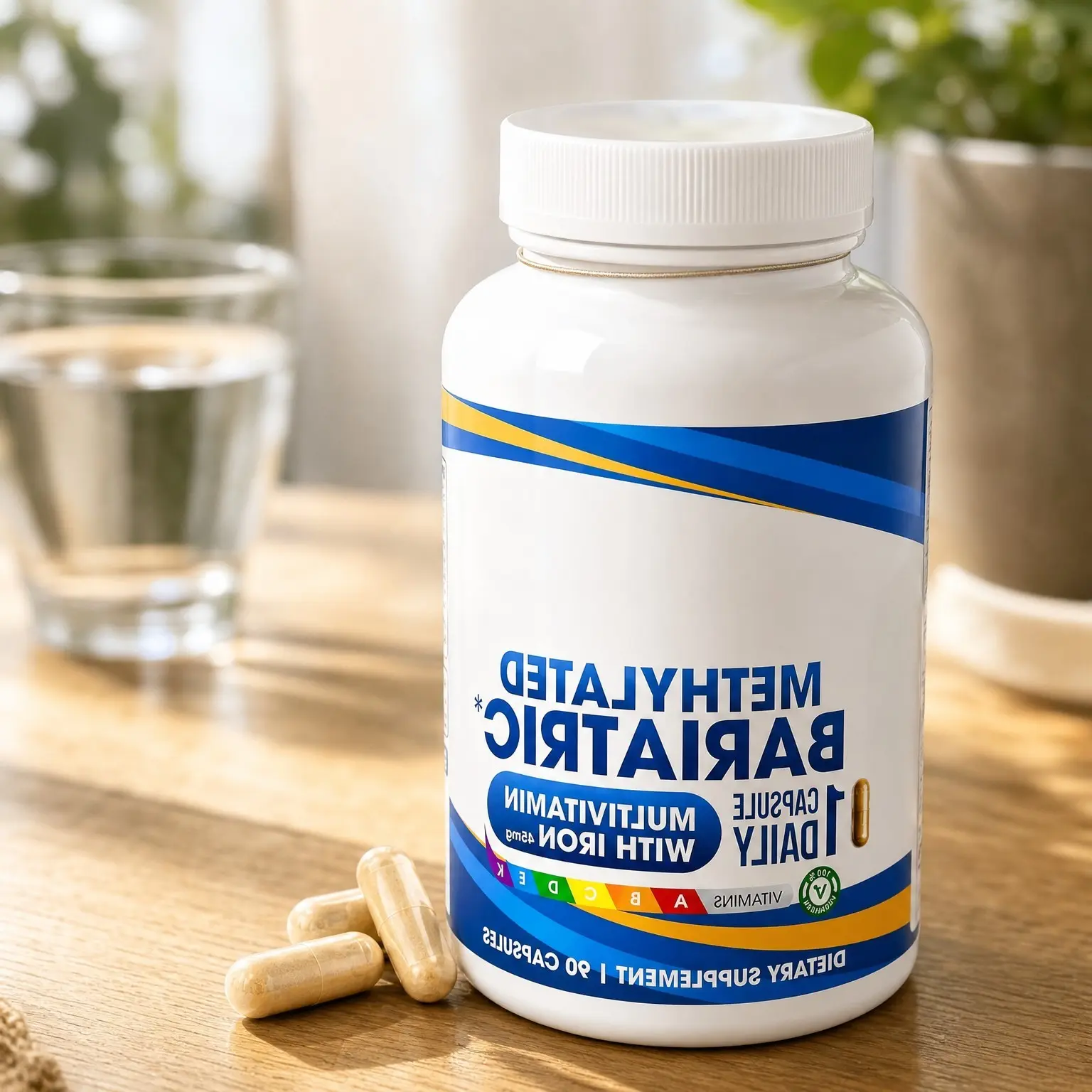 Bariatric Multivitamin with Iron 45 mg, Once Daily, 90 Count | Vitamins A, D, E, K, Methylated Folate & B12, Meets ASMBS Guidelines, Vegetarian, Soy-Free, Easy-Swallow CapsulesGift