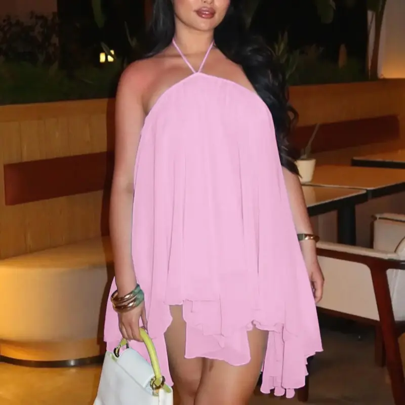 【Black Friday】Women's Halter Neck Chiffon Dress, Basic Sleeveless Backless Dress for Parties and Clubs, Summer Dress