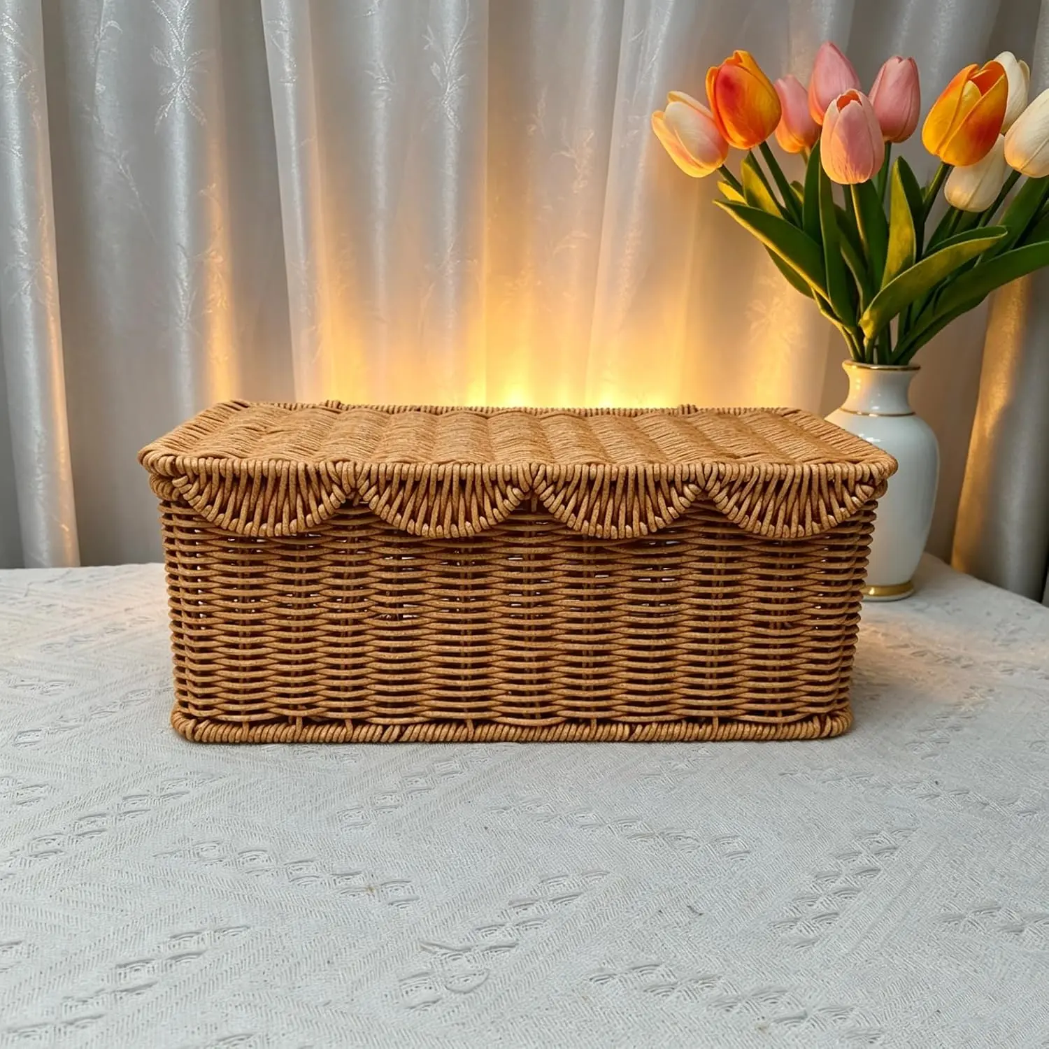 Wicker Rattan Storage Basket with Lid, Rectangular  Management Box,  Woven Organizer