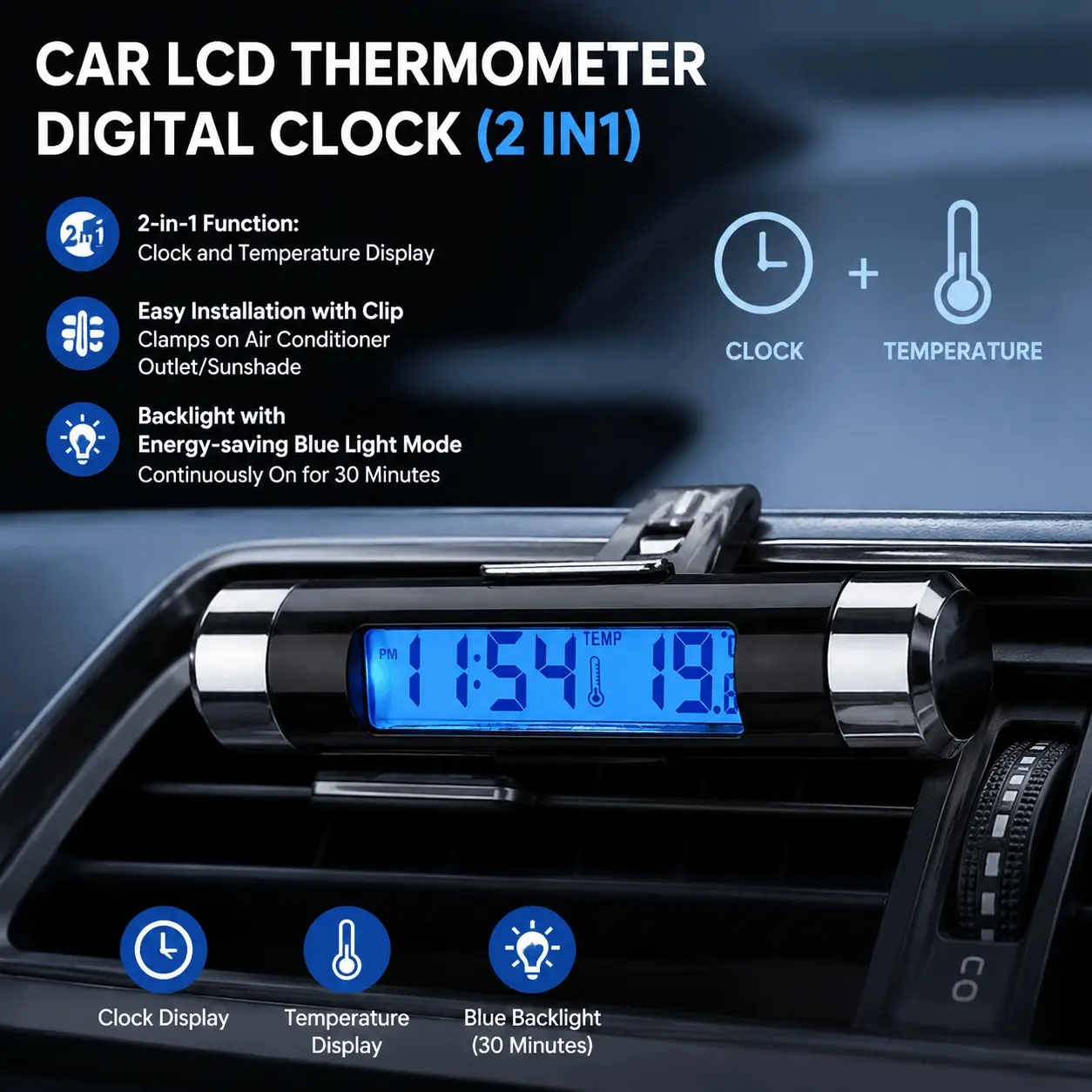 Car Digital Thermometer Clock with Clip, LCD Display Auto Accessory, High Precision Temperature Gauge, Practical Vehicle Interior Gadget for Cars Trucks Vans