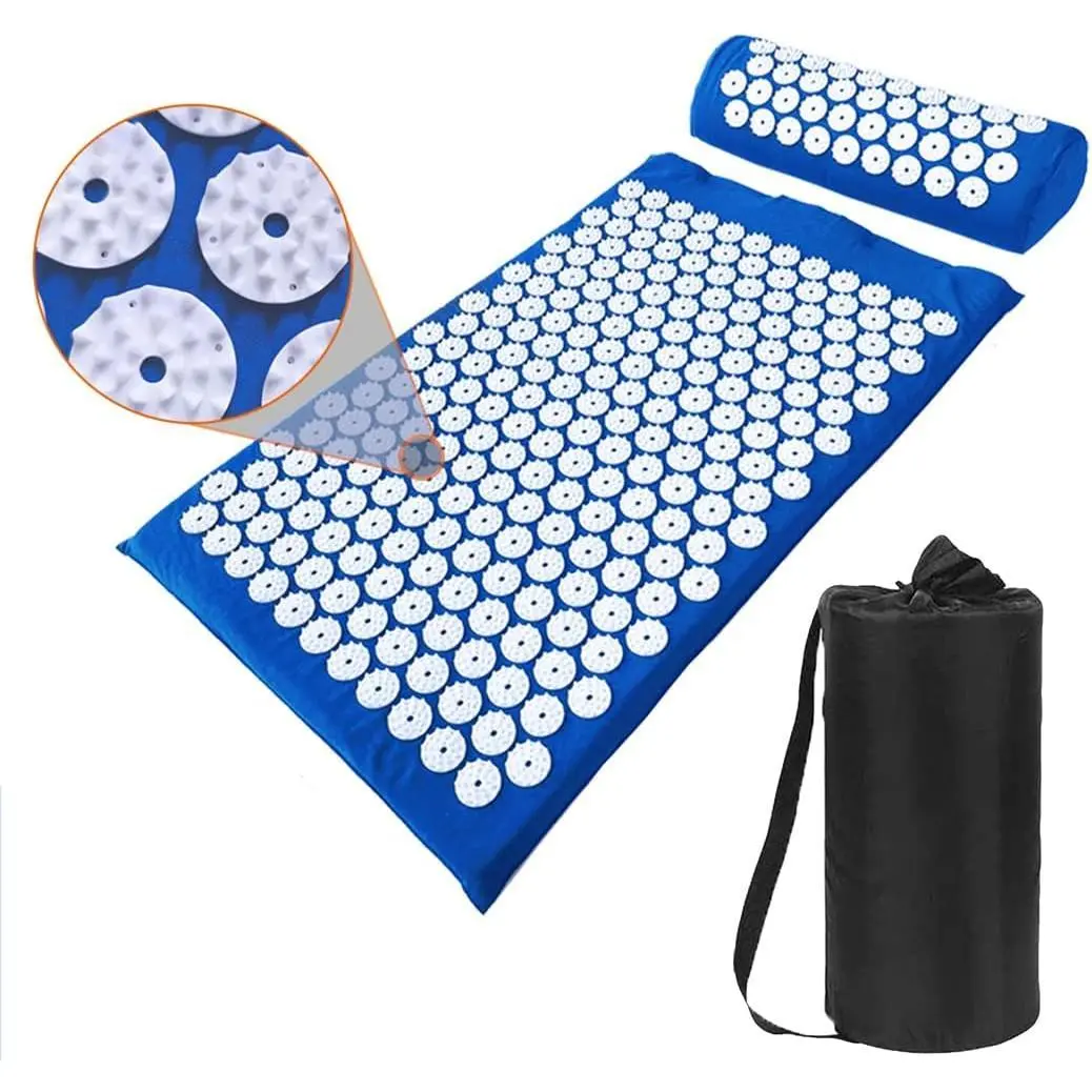 Acupressure Mat and Pillow Set with Bag - Large Size 28.7 16.5 inch Acupuncture Mat for Neck & Back Pain Relief- Naturally Relaxation Gift for Women - Stress Relief Massage Mat (Blue)