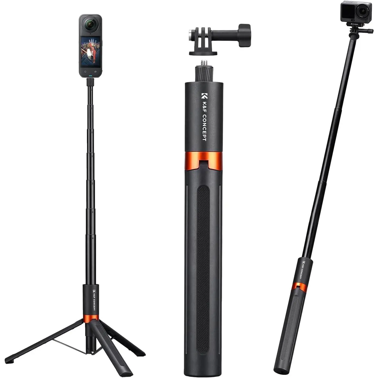 K&F CONCEPT 66" 2-in-1 Invisible Selfie Stick Tripod for Insta360 X5/X4/X3/DJI Osmo 360, Extension Pole Adjustable Handle Grip for GoPro, DJI Osmo Pocket 3/4, Osmo Action 5 Pro/6/4/3 Accessories