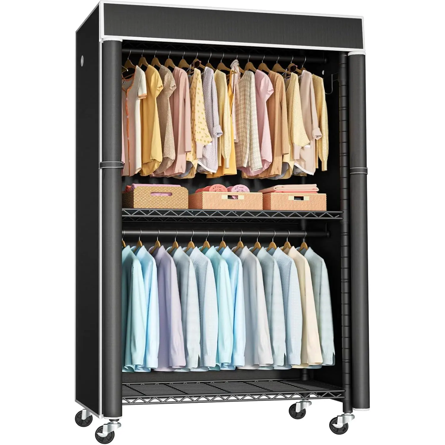 Clothing Rack with Cover, P1C Rolling Closets with Wheels | Metal Garment Rack for  Clothes, Clothing Storage Wardrobe with Cover
