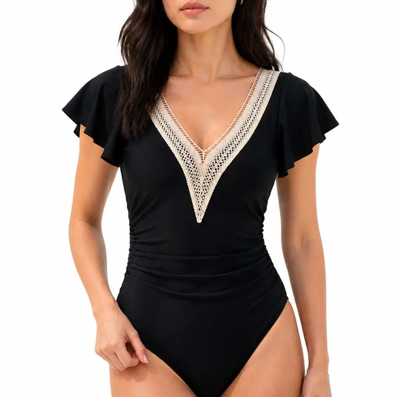 Women's Lace V-Neck One-Piece Swimsuit with Padded Cups for Beach and Pool