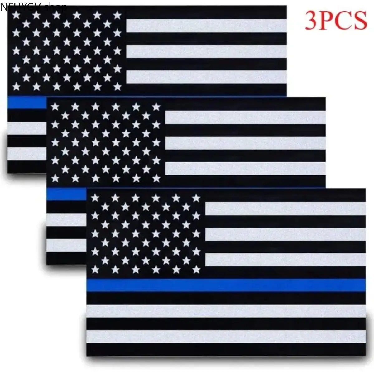 3Pcs Reflective Thin Blue Line US Flag Vinyl Decals Measuring 5x3 Inches, Peel-And-Stick Durable Waterproof Ornaments For Law Enforcement Support, Multi-Surface Decor Suitable For Vehicle Bumpers, Laptop Covers And Daily Truck Window Display Matching