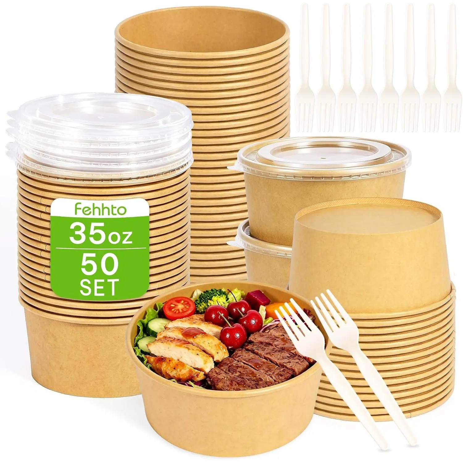 50-Pack 35oz Disposable Meal Prep Containers with  and Forks, Compostable  Paper Bowls To Go, Microwave & Freezer Safe Round  Containers for Hot Soup, Cold Dessert, Lunch, Takeout