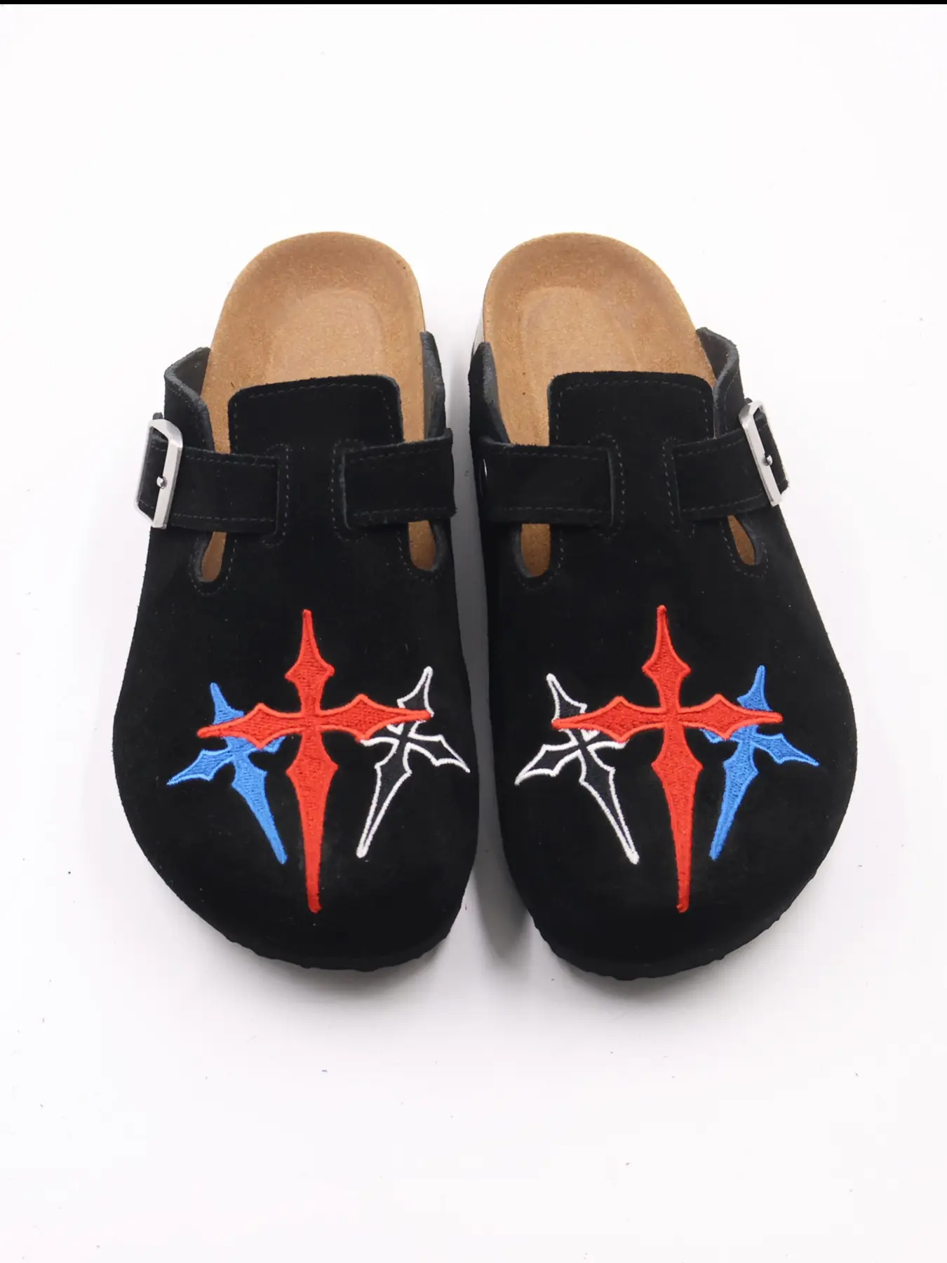Men's Cross Embroidered Slides,Slip-on wooden clogs Leather clogs Casual Cowhide Slippers with Rubber Sole, All-Season Less Than Ankle Height Footwear