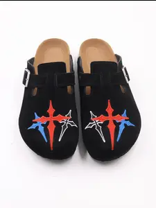Men's Cross Embroidered Slides,Slip-on wooden clogs Leather clogs Casual Cowhide Slippers with Rubber Sole, All-Season Less Than Ankle Height Footwear