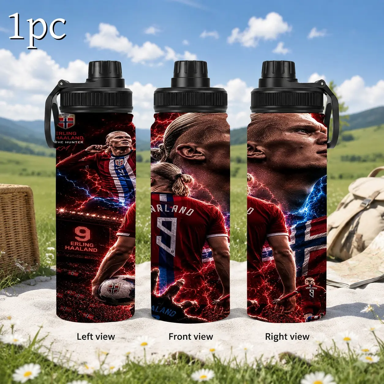 1pc 20/30/32oz Sports Water Bottle With  Carry Handle, Erling Haaland No.9 The Hunter Norway  Lightning Thunder Print Stainless Steel Vacuum Insulated Flask, Leakproof Flip Top Water Jug For Gym Hiking Outdoor, Large-capacity car cup,Soccer Fan Merch Gift