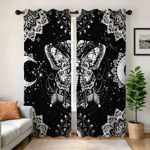 1 Pair Digital Printed Semi-Blackout Drapes, Black & White Butterfly Sun Moon Stars Mandala, 250gsm Polyester Grommet Semi-Translucent for Home Hotel Decor, Clear Pattern, Gift